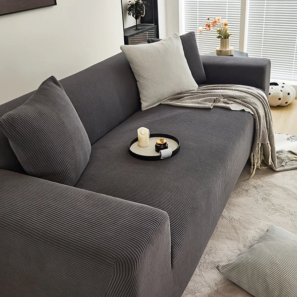 XM-Luvetoria 1Pc Stretch Sofa Cover For Living Room Solid Striped Sofa Cover Spandex Non-slip Modern Sofa Cushion Cover For I-Shaped Sofa 1/